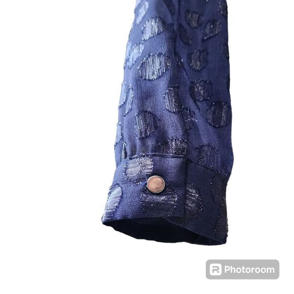 JLO Shimmering Crossover top Polka Dot Blue Long Sleeves Drape Front Blouse Sz L - Picture 8 of 10